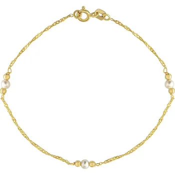 Náramek Zlatý náramek Singapur ze žlutého zlata se zlatými korálky a přírodní perlou - 1,2 mm