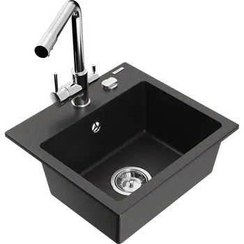 Granitový dřez Mexen Milo granitový dřez 1-komorový s kuchyňskou baterií Duero, černý/zlatý metalik - 6505-75-671600-00 Granitové dřezy s baterií