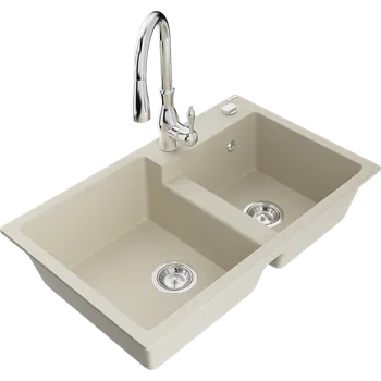 Granitový dřez Mexen Tomas dřez granitový 2-komorový s kuchyňskou baterií Savita, béžový - 6516-69-672601-00 Granitové dřezy s baterií