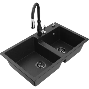 Granitový dřez Mexen Tomas granitový dřez 2-komorový s kuchyňskou baterií Savita, černý/stříbrný metalik - 6516-73-672601-70-B Granitové dřezy s baterií