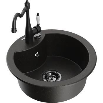 Granitový dřez Mexen Diego granitový dřez 1-komorový s kuchyňskou baterií Carla, černý/zlatý metalik - 6512-75-670700-70-B Granitové dřezy s baterií