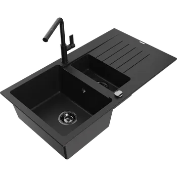 Granitový dřez Mexen Matias granitový dřez 1,5-komorový s odkapávačem a kuchyňskou baterií Flora, černý - 6502-77-670401-70-B Granitové dřezy s baterií