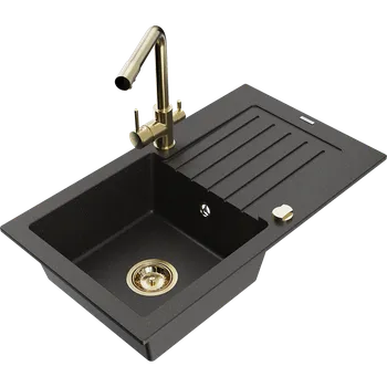 Granitový dřez Mexen Pablo jednodřezový granitový dřez s odkapávačem a kuchyňskou baterií Duero, černý/zlatý metalik - 6510-75-671600-50 Granitové dřezy s baterií