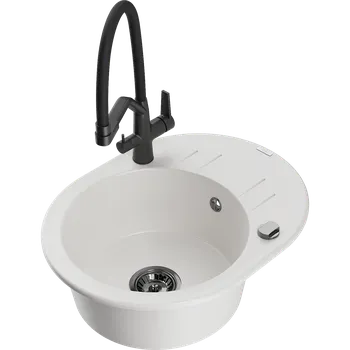 Granitový dřez Mexen Kevin granitový dřez 1-komorový s kuchyňskou baterií Duo, bílý - 6517-20-671701-70-B Granitové dřezy s baterií