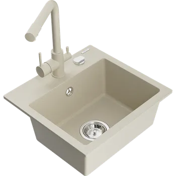 Granitový dřez Mexen Milo granitový dřez 1-komorový s kuchyňskou baterií Duero, béžový - 6505-69-671600-69 Granitové dřezy s baterií