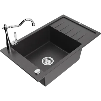 Kuchyňský dřez Mexen Elias granitový dřez 1-komorový s odkapávačem a kuchyňskou baterií Carla, černý s&nbsp;tečkami - 6511-76-670700-00 Granitové dřezy s baterií