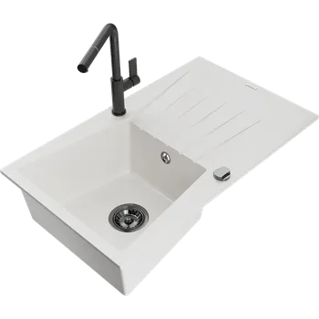 Granitový dřez Mexen Cesar granitový dřez s 1 komorou a odkapávačem a kuchyňskou baterií Flora, bílý - 6514-20-670401-70-B Granitové dřezy s baterií