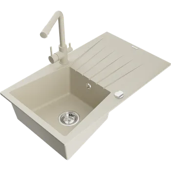 Granitový dřez Mexen Cesar granitový dřez 1-komorový s odkapávačem a kuchyňskou baterií Duero, béžový - 6514-69-671600-69 Granitové dřezy s baterií