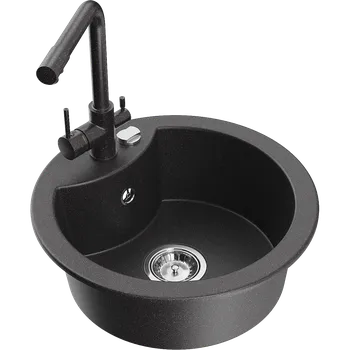 Granitový dřez Mexen Diego granitový dřez 1-komorový s kuchyňskou baterií Duero, černý skvrnitý - 6512-76-671600-76 Granitové dřezy s baterií