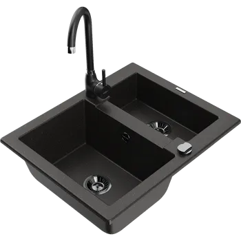 Granitový dřez Mexen Carlos granitový dřez 1,5-komorový s kuchyňskou baterií Telma, černý/zlatý metalik - 6518-75-670200-70-B Granitové dřezy s baterií