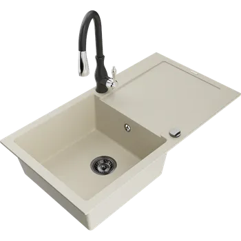 Granitový dřez Mexen Leo granitový dřez s 1 komorou a odkapávačem a kuchyňskou baterií Savita, béžový - 6501-69-672601-70 Granitové dřezy s baterií