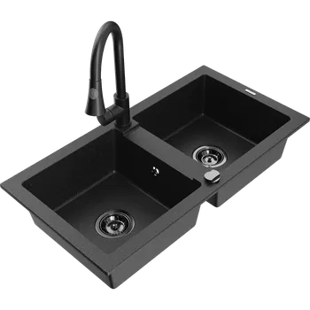 Granitový dřez Mexen Mario žulový kuchyňský dřez s 2 oddíly s kuchyňskou baterií Elia, černá/stříbrný metalik - 6504-73-670101-70-B Granitové dřezy s baterií