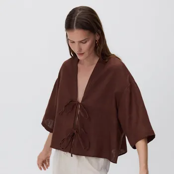 Dámská halenka Reserved - Lněná halenka s vázáním - tmavě hnědá - 371FH-89X - 371FH-89X-XXL