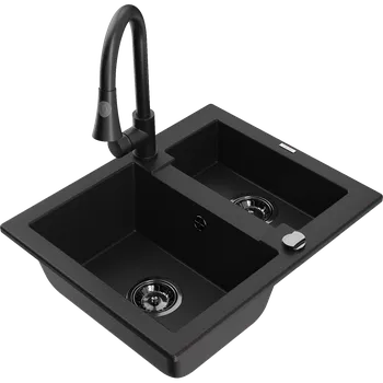 Granitový dřez Mexen Carlos granitový dřez 1,5-komorový s kuchyňskou baterií Elia, černý - 6518-77-670101-70-B Granitové dřezy s baterií