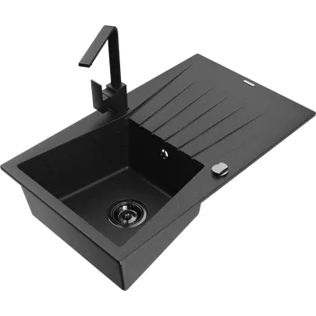 Granitový dřez Mexen Cesar granitový dřez 1-komorový s odkapávačem a kuchyňská baterie Rita, černý/stříbrný metalik - 6514-73-670300-70-B Granitové dřezy s baterií