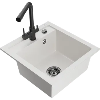 Granitový dřez Mexen Vito granitový dřez 1-komorový s kuchyňskou baterií Duero, bílý - 6503-20-671600-70 Granitové dřezy s baterií