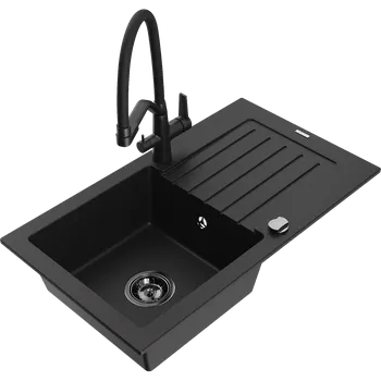 Granitový dřez Mexen Pablo žulový dřez 1-komorový s odkapávačem a kuchyňskou baterií Duo, černý - 6510-77-671701-70-B Granitové dřezy s baterií