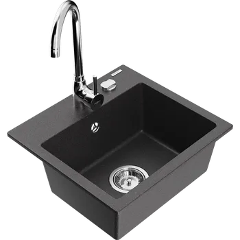 Granitový dřez Mexen Milo granitový dřez 1-komorový s kuchyňskou baterií Telma, černý kropenatý - 6505-76-670200-00 Granitové dřezy s baterií