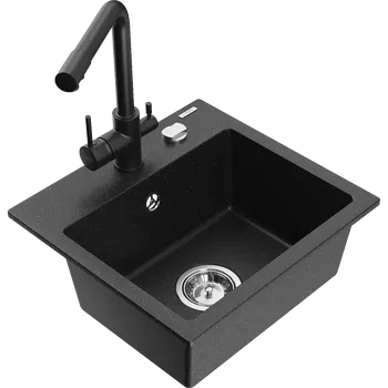 Granitový dřez Mexen Milo granitový dřez s 1 komorou a kuchyňskou baterií Duero, černý/stříbrný metalík - 6505-73-671600-70 Granitové dřezy s baterií