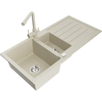 Granitový dřez Mexen Andres granitový dřez 1,5-komorový s odkapávačem a kuchyňskou baterií Duero, béžový - 6515-69-671600-69 Granitové dřezy s baterií