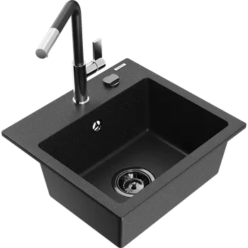 Granitový dřez Mexen Milo granitový dřez 1-komorový s kuchyňskou baterií Flora, černý/stříbrný metalik - 6505-73-670401-07-B Granitové dřezy s baterií