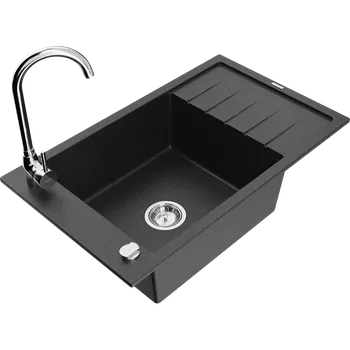 Granitový dřez Mexen Elias granitový dřez 1-komorový s odkapávačem a kuchyňskou baterií Telma, černý/silber - 6511-73-670200-00 Granitové dřezy s baterií