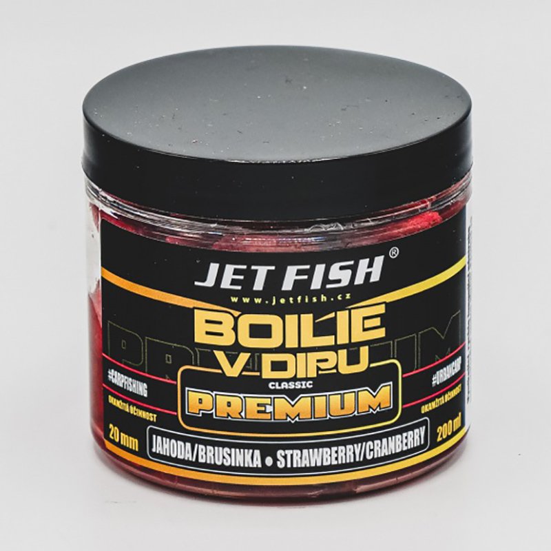 Jet Fish Premium clasicc boilie v dipu 200ml - 20 mm Příchutě: Jahoda/Brusinka