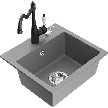 Granitový dřez Mexen Milo granitový dřez 1-komorový s kuchyňskou baterií Carla, šedý - 6505-71-670700-70 Granitové dřezy s baterií