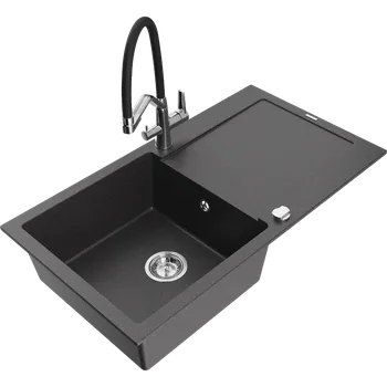 Granitový dřez Mexen Leo granitový dřez 1-komorový s odkapávačem a kuchyňskou baterií Duo, černý žíhaný - 6501-76-671701-07 Granitové dřezy s baterií