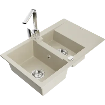 Granitový dřez Mexen Gaspar granitový dřez 1,5-komorový s odkapávačem a kuchyňskou baterií Rita, béžový - 6507-69-670300-00 Granitové dřezy s baterií