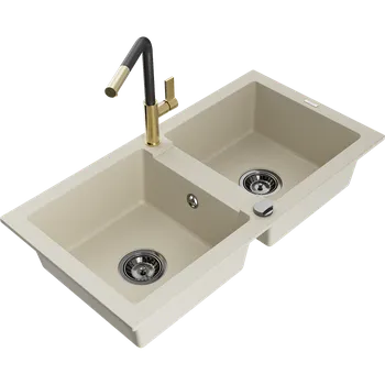 Granitový dřez Mexen Mario dřez granitový 2-komorový s kuchyňskou baterií Flora, béžový - 6504-69-670401-57-B Granitové dřezy s baterií