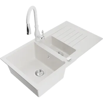 Granitový dřez Mexen Matias granitový dřez 1,5 komorový s odkapávačem a kuchyňskou baterií Savita, bílý - 6502-20-672601-20 Granitové dřezy s baterií