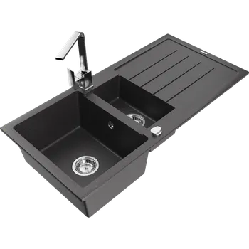Granitový dřez Mexen Andres žulový dřez 1,5-komorový s odkapávačem a kuchyňskou baterií Rita, černý skvrnitý - 6515-76-670300-00 Granitové dřezy s baterií