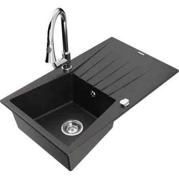 Granitový dřez Mexen Cesar granulový dřez s 1 komorou s odkapávačem a kuchyňskou baterií Elia, černý/zlatý metalický - 6514-75-670101-00 Granitové dřezy s baterií