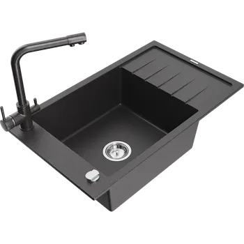 Granitový dřez Mexen Elias granitový dřez s jednou komorou, odkapávačem a kuchyňskou baterií Duero, černý skvrnitý - 6511-76-671600-76 Granitové dřezy s baterií