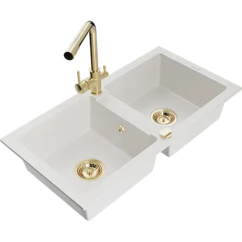 Granitový dřez Mexen Mario dvoukomorový žulový dřez s kuchyňskou baterií Duero, bílý - 6504-20-671600-50 Granitové dřezy s baterií