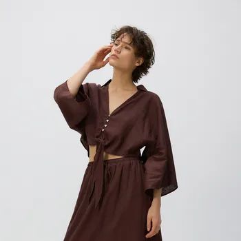 Reserved - Lněná košile s vázáním - tmavě hnědá - RX799-89X - RX799-89X-M