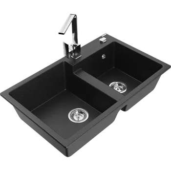Granitový dřez Mexen Tomas dřez granitový 2-komorový s kuchyňskou baterií Rita, černý/stříbrný metalik - 6516-73-670300-00 Granitové dřezy s baterií