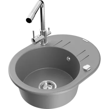 Granitový dřez Mexen Kevin granitový dřez s odkapávačem a kuchyňskou baterií Duero, šedý - 6517-71-671600-00 Granitové dřezy s baterií