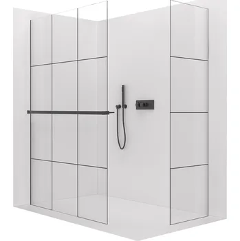CERANO - Sprchová zástěna Walk-in Crystal T L/P - 8 mm - bezvzpěrový systém + polička/držák na ručníky - černá matná, industriální sklo - 110x110x200 cm