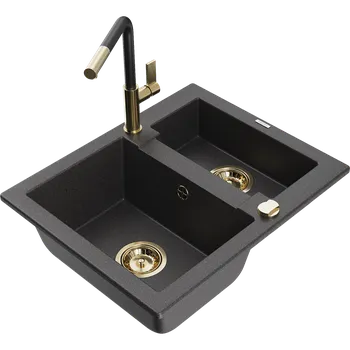 Granitový dřez Mexen Carlos granitový dřez 1,5komorový s kuchyňskou baterií Flora, černý skvrnitý - 6518-76-670401-57-G Granitové dřezy s baterií