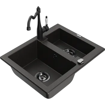 Granitový dřez Mexen Carlos granitový dřez 1,5-komorový s kuchyňskou baterií Carla, černá/zlatý metalik - 6518-75-670700-70-B Granitové dřezy s baterií