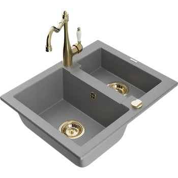 Granitový dřez Mexen Carlos granitový dřez 1,5-komorový s kuchyňskou baterií Carla, šedý - 6518-71-670700-50 Granitové dřezy s baterií