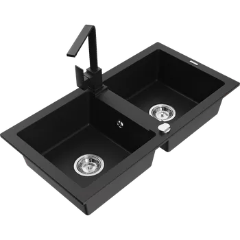 Granitový dřez Mexen Mario granitový dřez 2-komorový s kuchyňskou baterií Rita, černý - 6504-77-670300-70 Granitové dřezy s baterií