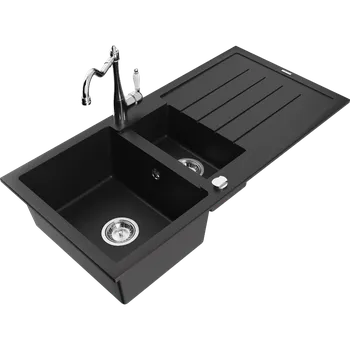 Granitový dřez Mexen Andres granitový dřez 1,5-komorový s odkapávačem a kuchyňskou baterií Carla, černý - 6515-77-670700-00 Granitové dřezy s baterií
