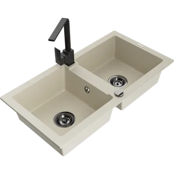 Granitový dřez Mexen Mario dvoukomorový žulový dřez s kuchyňskou baterií Rita, béžový - 6504-69-670300-70 Granitové dřezy s baterií