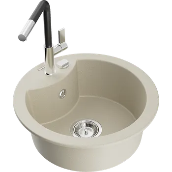 Granitový dřez Mexen Diego granitový dřez 1-komorový s kuchyňskou baterií Flora, béžový - 6512-69-670401-07 Granitové dřezy s baterií