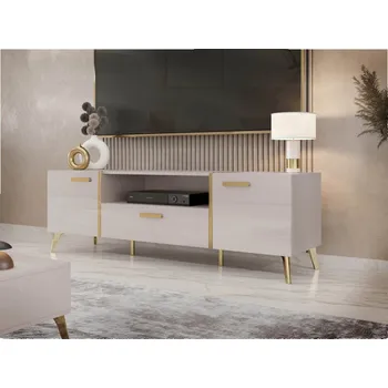 Televizní stolek Moderní TV skříňka Rostiw 150 2D1SZ, Barva: kašmír / kašmírový lesk + zlatá MIRJAN 5903211401671