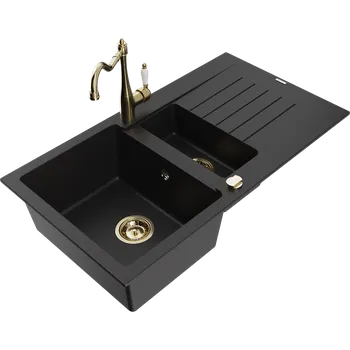 Granitový dřez Mexen Matias granitový dřez 1,5-komorový s odkapávačem a kuchyňskou baterií Carla, černý - 6502-77-670700-50 Granitové dřezy s baterií