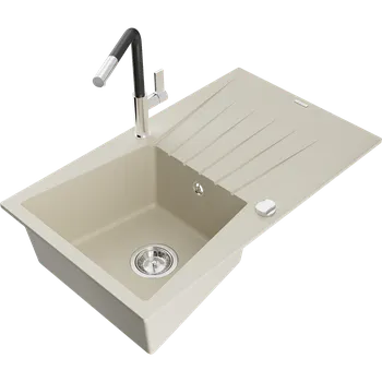Granitový dřez Mexen Cesar granitový dřez s 1 komorou a odkapávací plochou a kuchyňskou baterií Flora, béžový - 6514-69-670401-07 Granitové dřezy s baterií